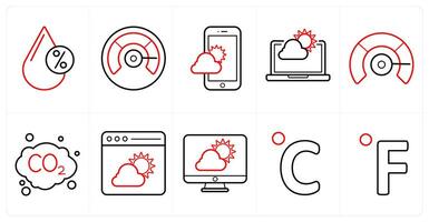 A set of 10 Weather icons as humidity percentage, forecast, weather forecast in red line color vector