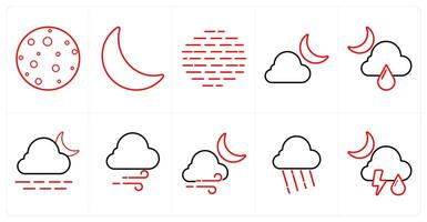 A set of 10 Weather icons as full moon, half moon, foggy in red line color vector