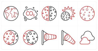 A set of 10 Weather icons as earth, co2, eclips in red line color vector