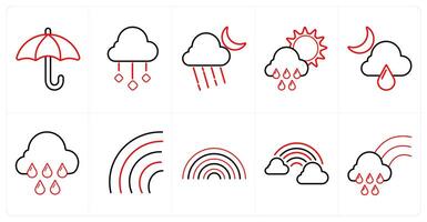 A set of 10 Weather icons as umbrella, rain, night rain in red line color vector