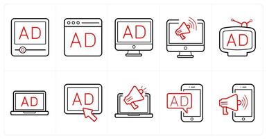A set of 10 ads and marketing icons as advertisement, website ad, banner ad in red line color vector