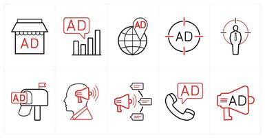 A set of 10 ads and marketing icons as advertisement store, advertisement graph, global advertisement in red line color vector