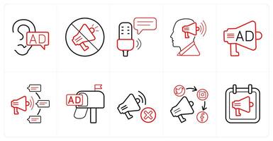A set of 10 ads and marketing icons as viral ad, ad prohibited, mic advertisement in red line color vector