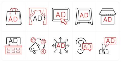 A set of 10 ads and marketing icons as advertisement bag, advertisement, pay per click ad in red line color vector