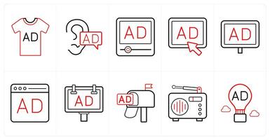 A set of 10 ads and marketing icons as product ad, viral ad, advertisement in red line color vector
