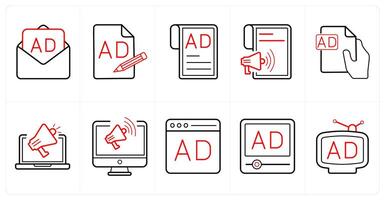A set of 10 ads and marketing icons as email advertisement, compose content in red line color vector