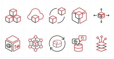 A set of 10 Big Data icons as 3d, cloud storage, refresh in red line color vector