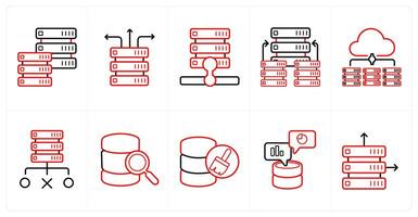 A set of 10 Big Data icons as hosting server, server connectivity, hosting server in red line color vector