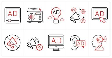 A set of 10 ads and marketing icons as advertisement, radio ad, balloon ad in red line color vector