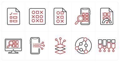 A set of 10 Big Data icons as database, big data, mobile search in red line color vector