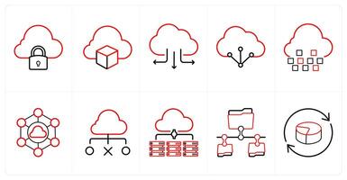 A set of 10 Big Data icons as cloud security, cloud storage, cloud backup in red line color vector