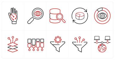 A set of 10 Big Data icons as hand, data search, audit in red line color vector