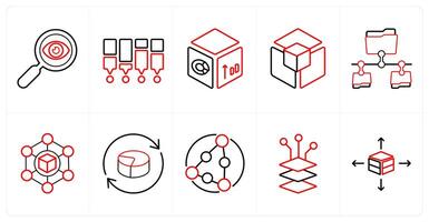 A set of 10 Big Data icons as data search, statistics, analytics in red line color vector