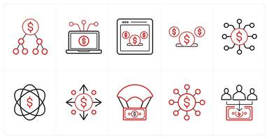 A set of 10 crowdfunding icons as transaction, money transaction, payment page in red line color vector