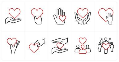 A set of 10 crowdfunding icons as donation, charity, donate in red line color vector