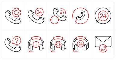 A set of 10 Customer Support icons as calling support, 24x7 call, calling status in red line color vector