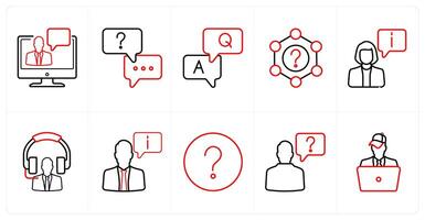 A set of 10 Customer Support icons as online chat, chat support, question answer in red line color vector
