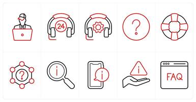 A set of 10 Customer Support icons as customer care, 24 customer care, contact helpline in red line color vector