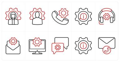 A set of 10 Customer Support icons as support, calling support, information, contact helpline in red line color vector