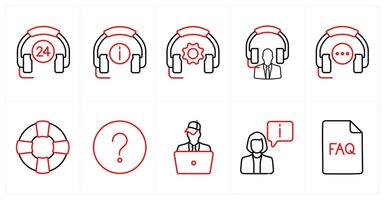 A set of 10 Customer Support icons as 24 customer care, call support, contact helpline in red line color vector