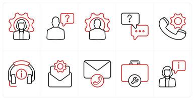 A set of 10 Customer Support icons as support, chat support, calling support in red line color vector