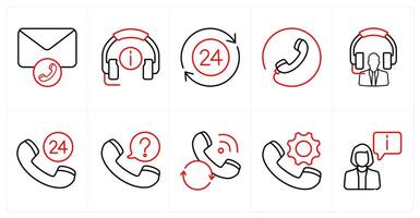 A set of 10 Customer Support icons as email support, call support, 24 call service in red line color vector