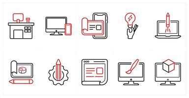 A set of 10 design and creativity icons as office desc, responsive, user details in red line color vector