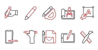 A set of 10 design and creativity icons as writing, pencil, geometry in red line color vector
