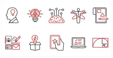 A set of 10 design and creativity icons as creativity, idea, brain solution in red line color vector
