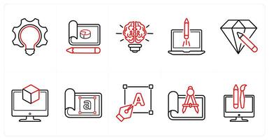 A set of 10 design and creativity icons as bulb, idea, website launch in red line color vector