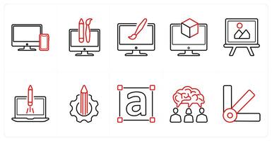 A set of 10 design and creativity icons as responsive, custom design, 3d in red line color vector