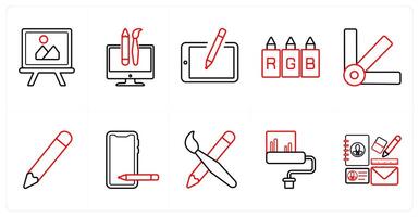 A set of 10 design and creativity icons as painting, custom design, sketch in red line color vector