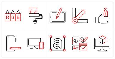 A set of 10 design and creativity icons as rgb, brush, sketch in red line color vector