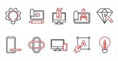 A set of 10 design and creativity icons as bulb, design, custom design in red line color vector