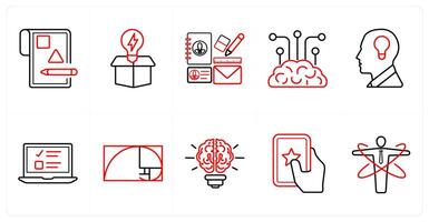 A set of 10 design and creativity icons as design layout, box, design kit in red line color vector