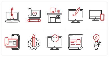 A set of 10 design and creativity icons as website launch, design, office desc, custom design in red line color vector