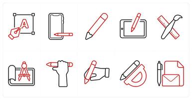 A set of 10 design and creativity icons as designing, draw, pencil in red line color vector