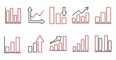 A set of 10 Diagrams and Reports icons as growth, profit, loss in red line color vector