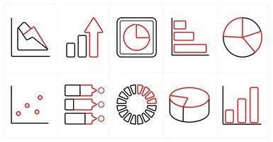 A set of 10 Diagrams and Reports icons as chart, growth chart, pie chart in red line color vector