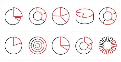 A set of 10 Diagrams and Reports icons as pie chart, chart, diagram in red line color vector