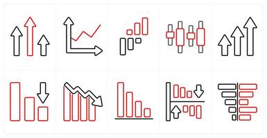 A set of 10 Diagrams and Reports icons as profit, profit analysis, intervals in red line color vector