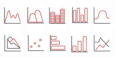 A set of 10 Diagrams and Reports icons as impressions, statistics, finance in red line color vector