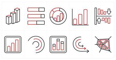 A set of 10 Diagrams and Reports icons as bar, growth bars, analysis in red line color vector