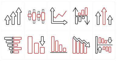 A set of 10 Diagrams and Reports icons as growth, intervals, profit in red line color vector