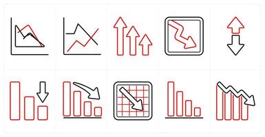 A set of 10 Diagrams and Reports icons as chart, sales report, low sales in red line color vector