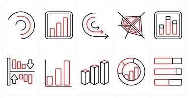 A set of 10 Diagrams and Reports icons as analysis, comparison, pentagon in red line color vector
