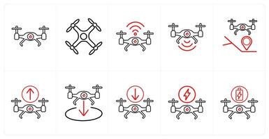 A set of 10 Drone icons as drone, drone wifi, drone signal in red line color vector