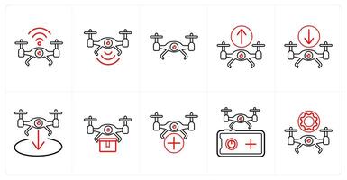 A set of 10 Drone icons as drone wifi, drone signal, drone in red line color vector