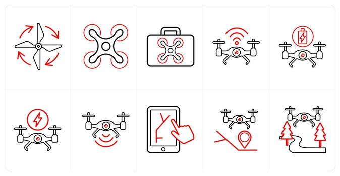 A set of 10 Drone icons as drone, drone box, drone wifi in red line color vector