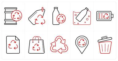 A set of 10 Ecology icons as recycled can, recycled tag, recycle bottle in red line color vector